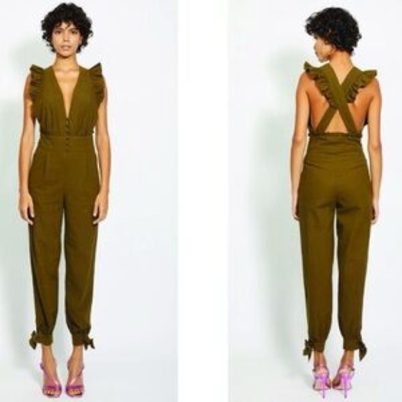 Happy Nature Criss Cross Back Olive Green Ruffle Jumpsuit Bohemian 6 - Picture 1 of 9